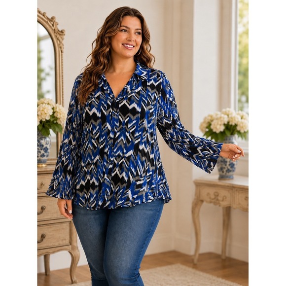 Lane Bryant Tops - Lane Bryant Blouse Womens 26/28 Blue Chevron Ikat Bell Sleeve Boho Career Top